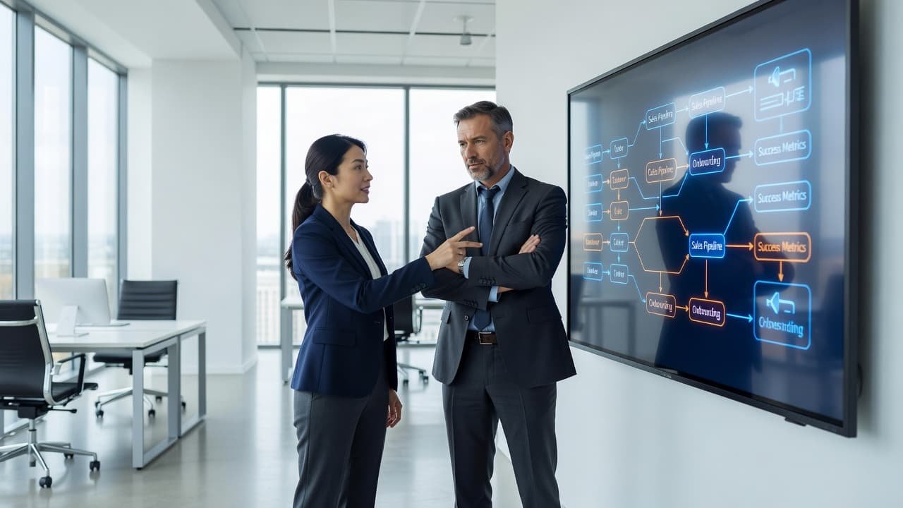 Two colleagues in business attire stand before a large interactive digital whiteboard displaying intricate process flowcharts. The bright, modern office space features floor-to-ceiling windows that provide abundant natural daylight for productivity.