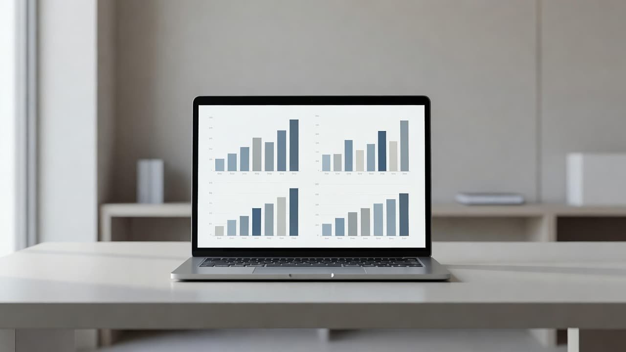 A minimalist desk features an open laptop displaying complex, vibrant bar charts and analytical data sets. Soft ambient light illuminates the clean surface, creating a focused and professional business environment.