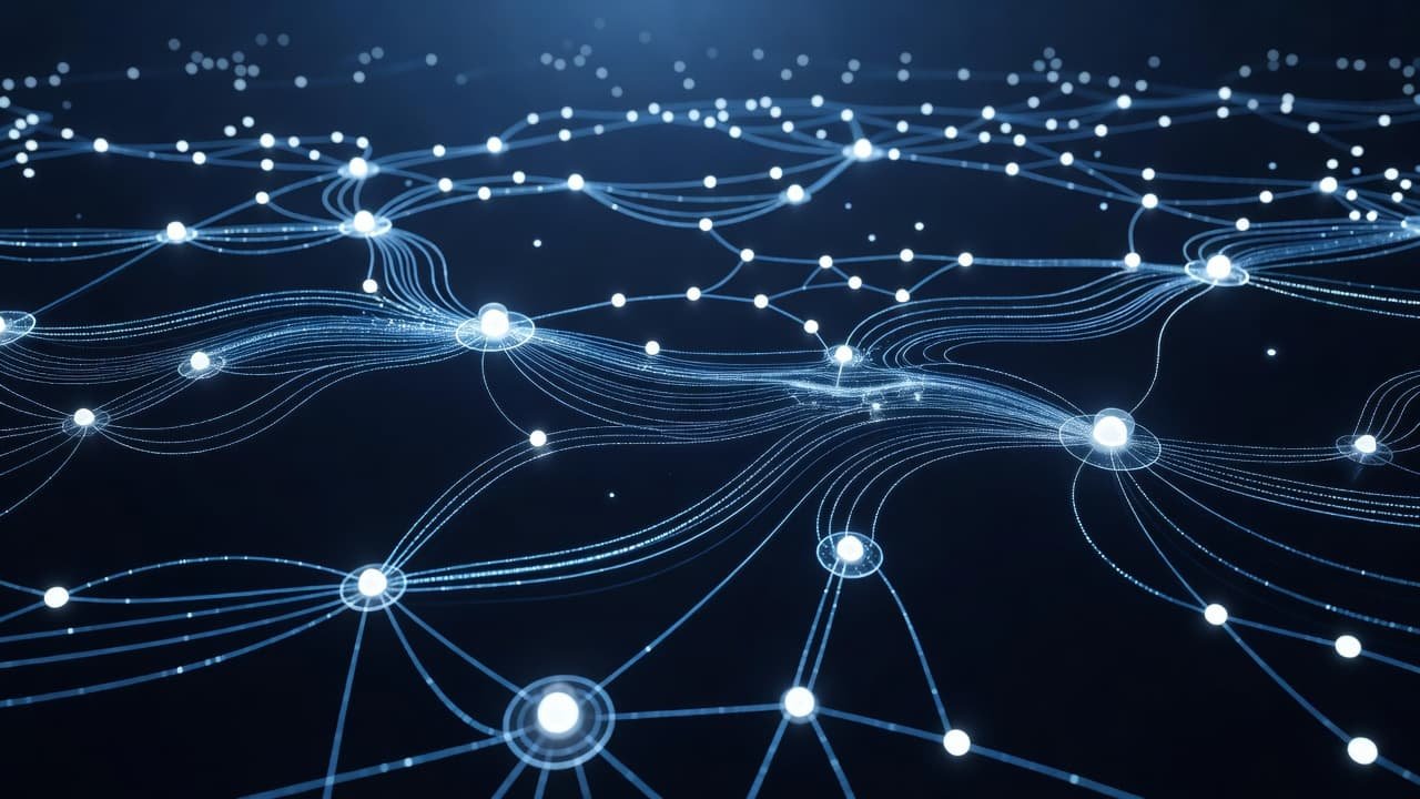 Glowing white nodes form a complex web across a deep blue background, connected by thin digital lines. This intricate structure represents data flow moving between multiple points in a clean space.