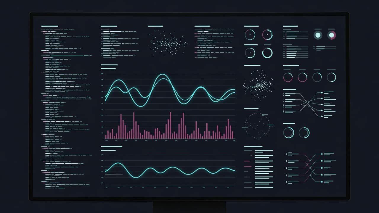 A dark mode computer monitor displays complex data streams and geometric network monitoring graphs. Glowing lines intersect across the interface to represent live browser automation sessions and real-time infrastructure performance metrics.