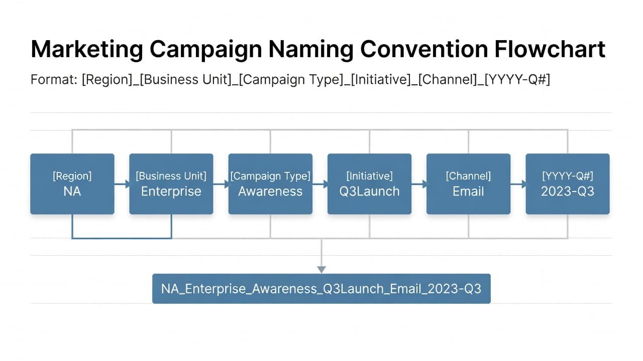 A professional diagram illustrating a marketing campaign naming system with clear labels and arrows.