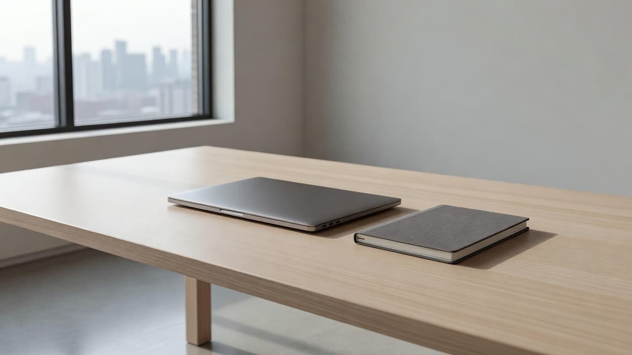 A high-end laptop sits closed on a clean white surface next to a leather-bound notebook. Soft morning sun streams through a large window, casting gentle shadows across the organized workspace.