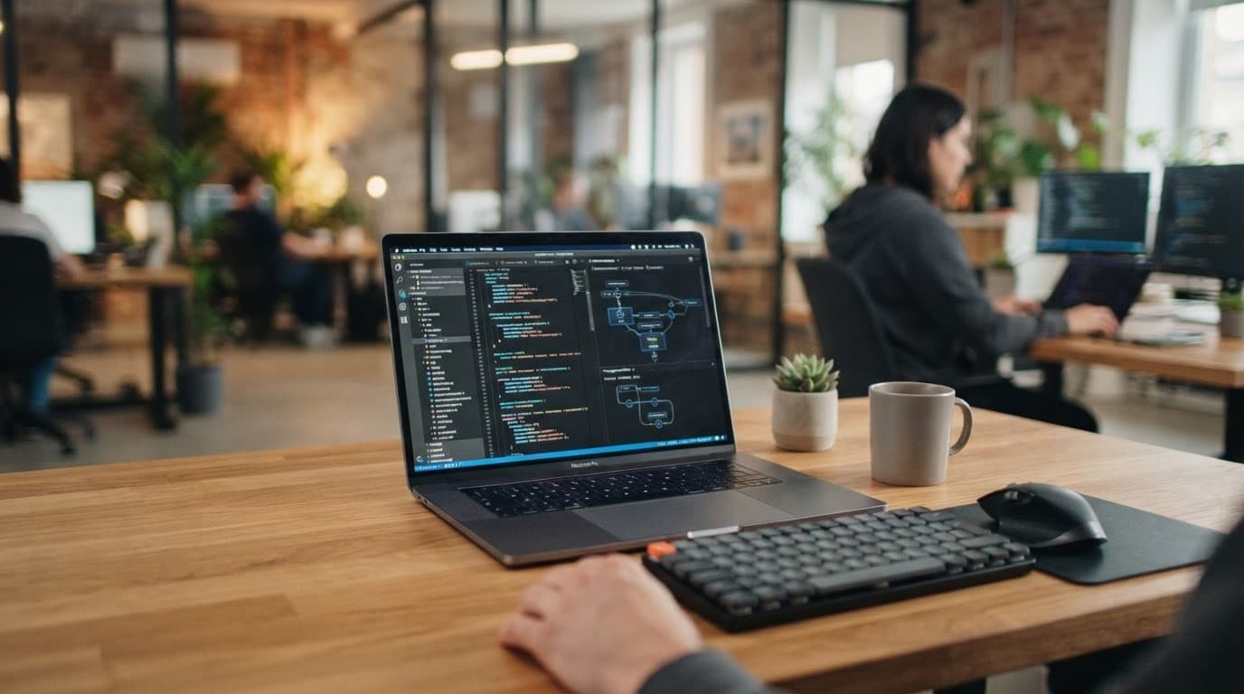 A laptop displaying code on a clean wooden desk with soft office lighting.