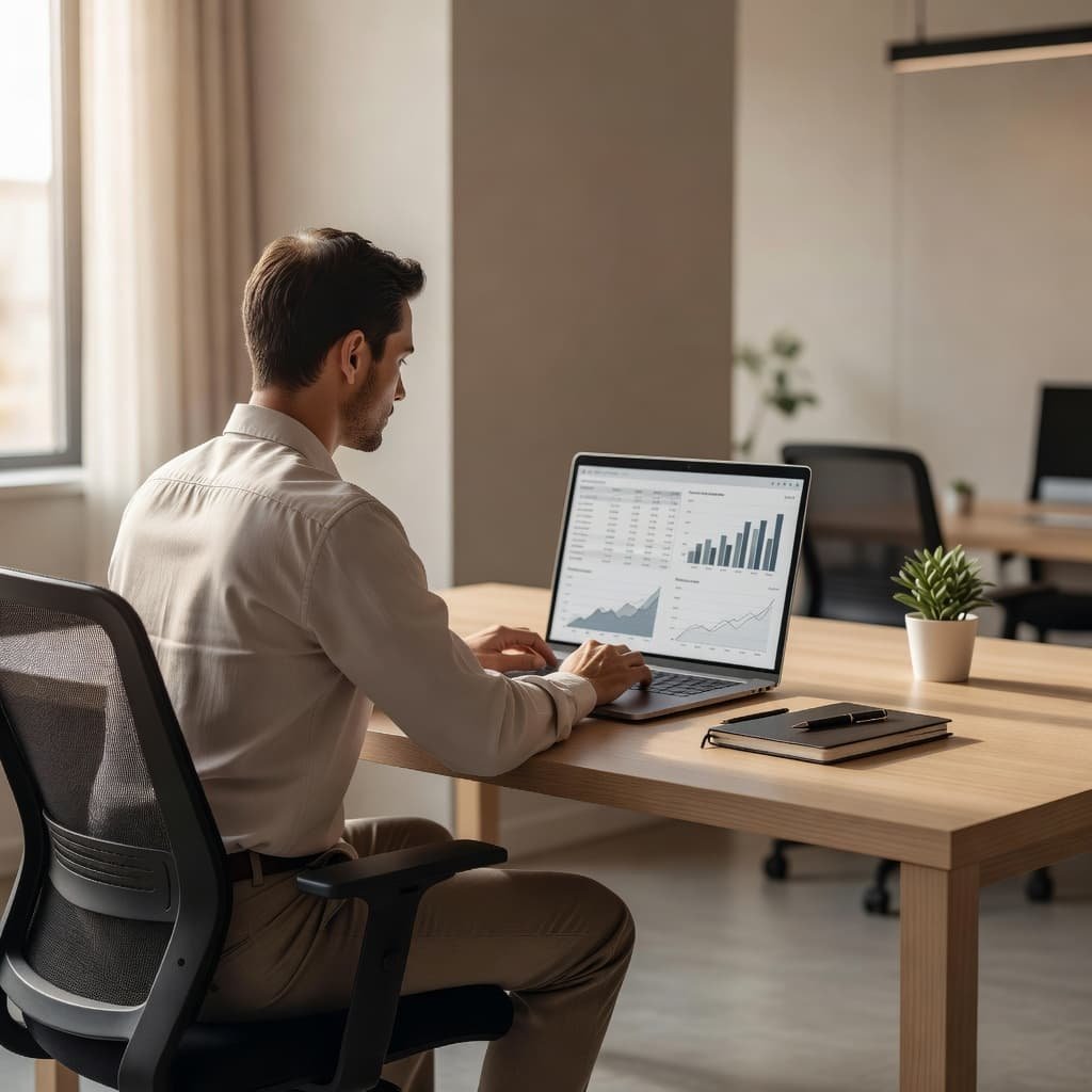 A focused professional reviews data tables and charts on a monitor screen in a tidy office.