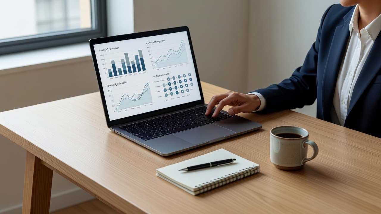 A laptop displaying charts, a notebook, and a coffee mug on a wooden desk.