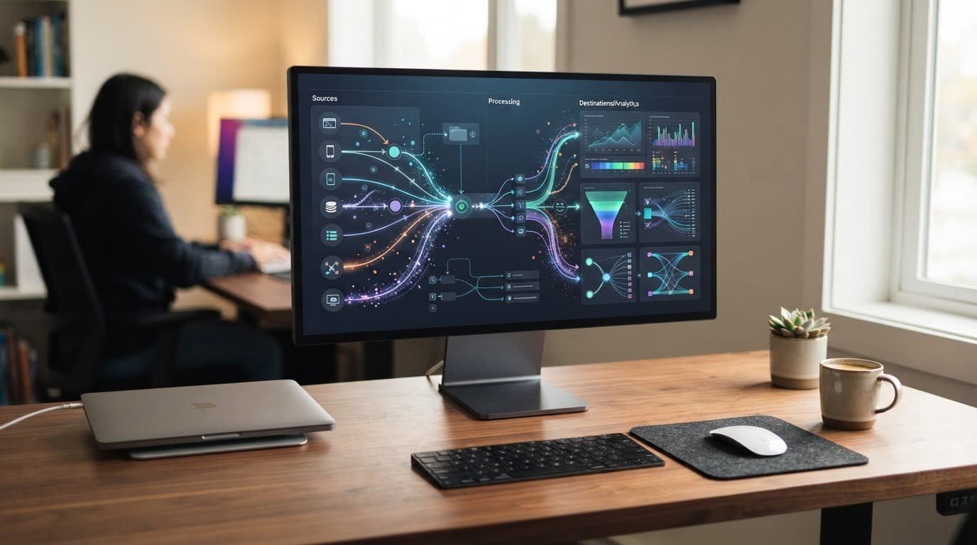 Monitor showing analytics panels and data flows on a wooden desk with one person in the background.