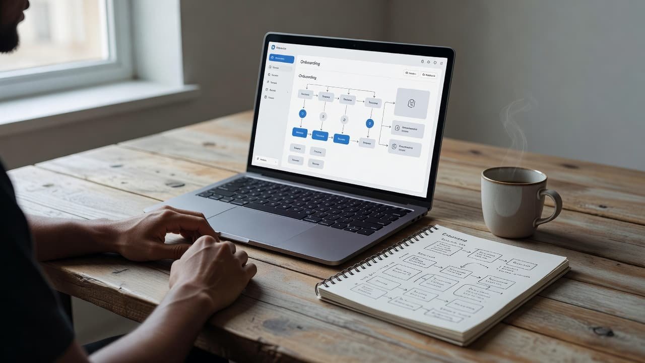 A wooden desk with a laptop showing software UI, a notepad, and a coffee cup.