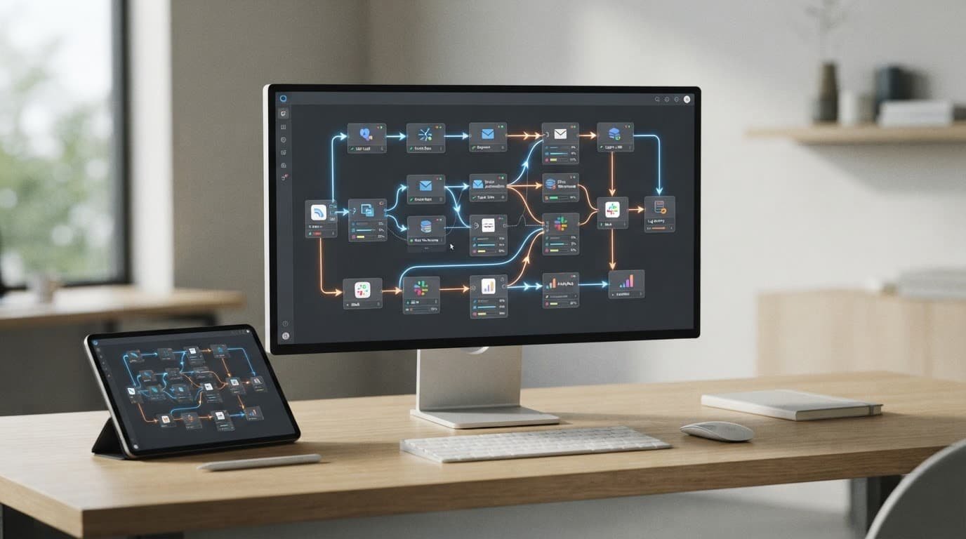 An illuminated digital workflow diagram with connected nodes on a flat surface.