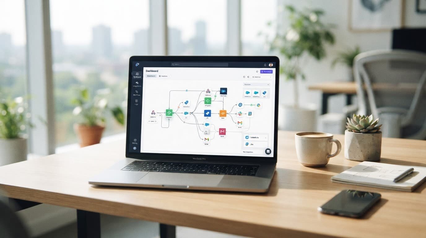 A laptop screen displays a software workflow automation dashboard on a bright desk.
