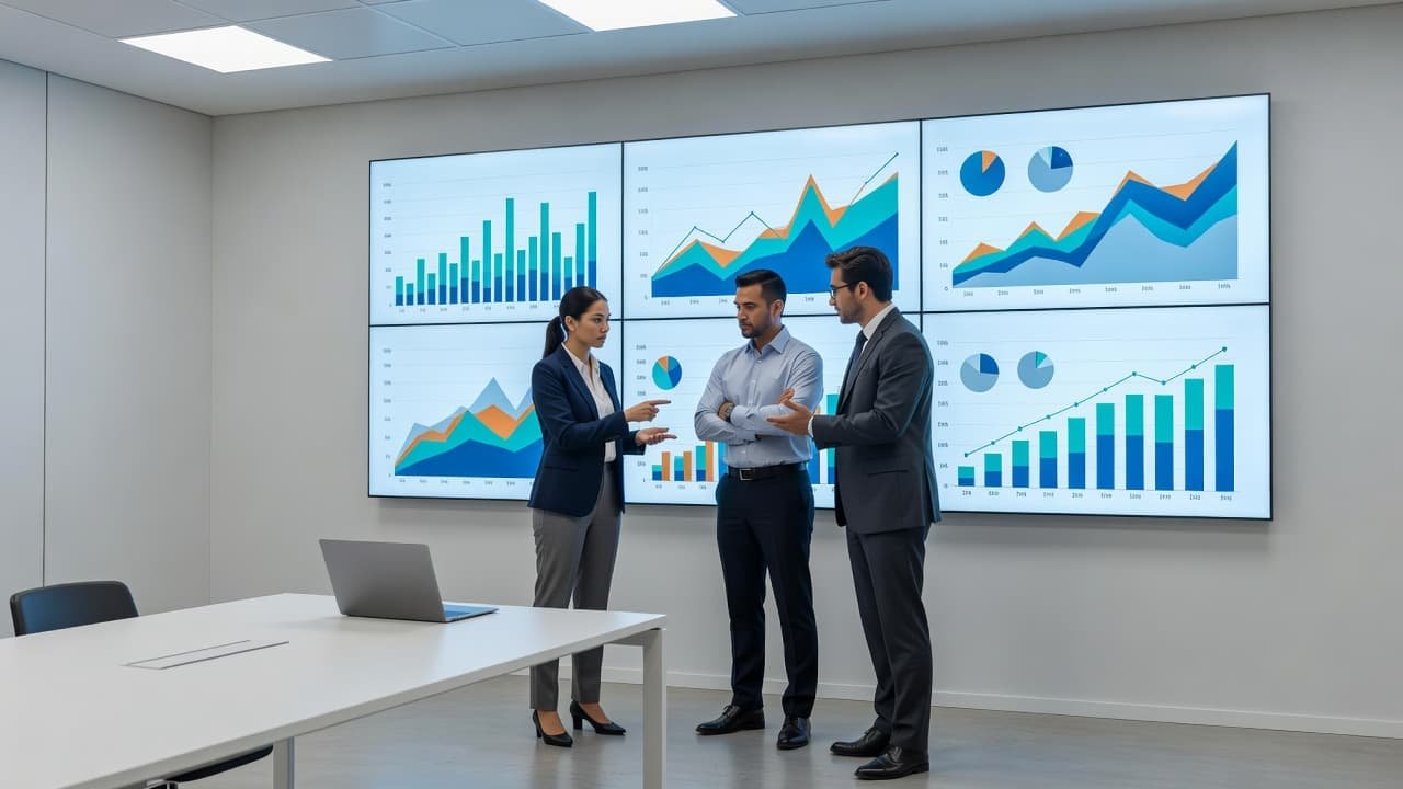 Three business professionals reviewing colorful data visualizations on large digital wall screens.