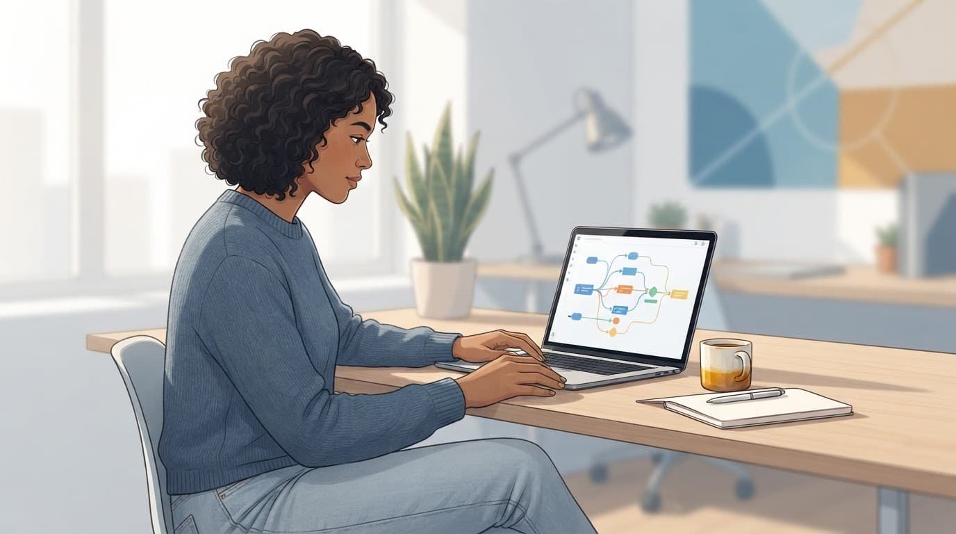 One person reviews a colorful workflow diagram on a laptop beside a notebook and coffee.