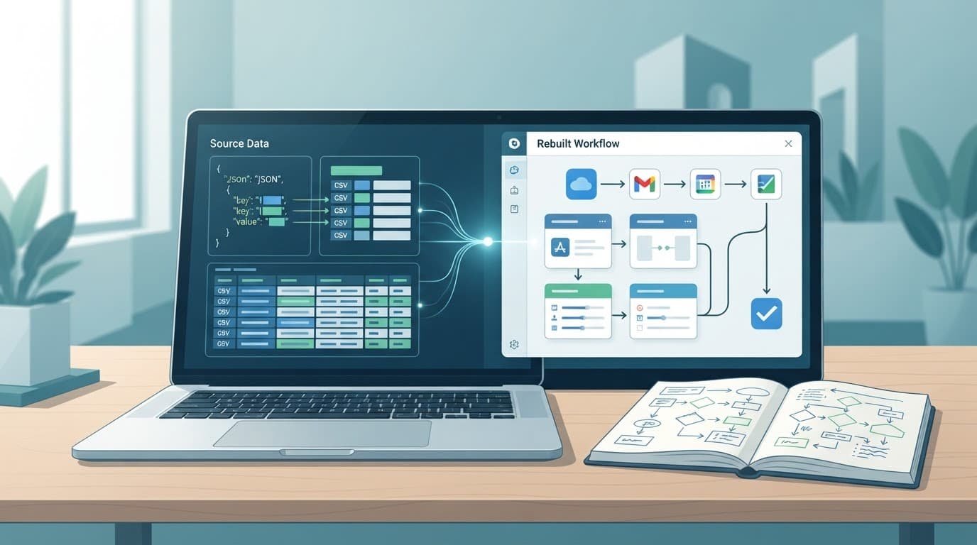Laptop and notebook beside source data and rebuilt workflow cards on a tidy desk.