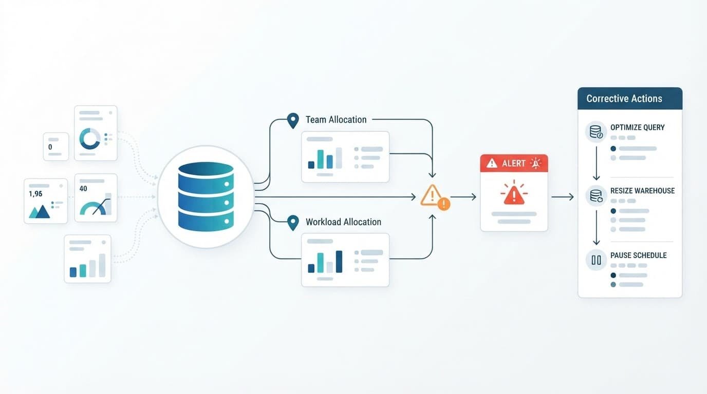 Abstract workflow showing warehouse usage, cost checks, alerts, and corrective actions.