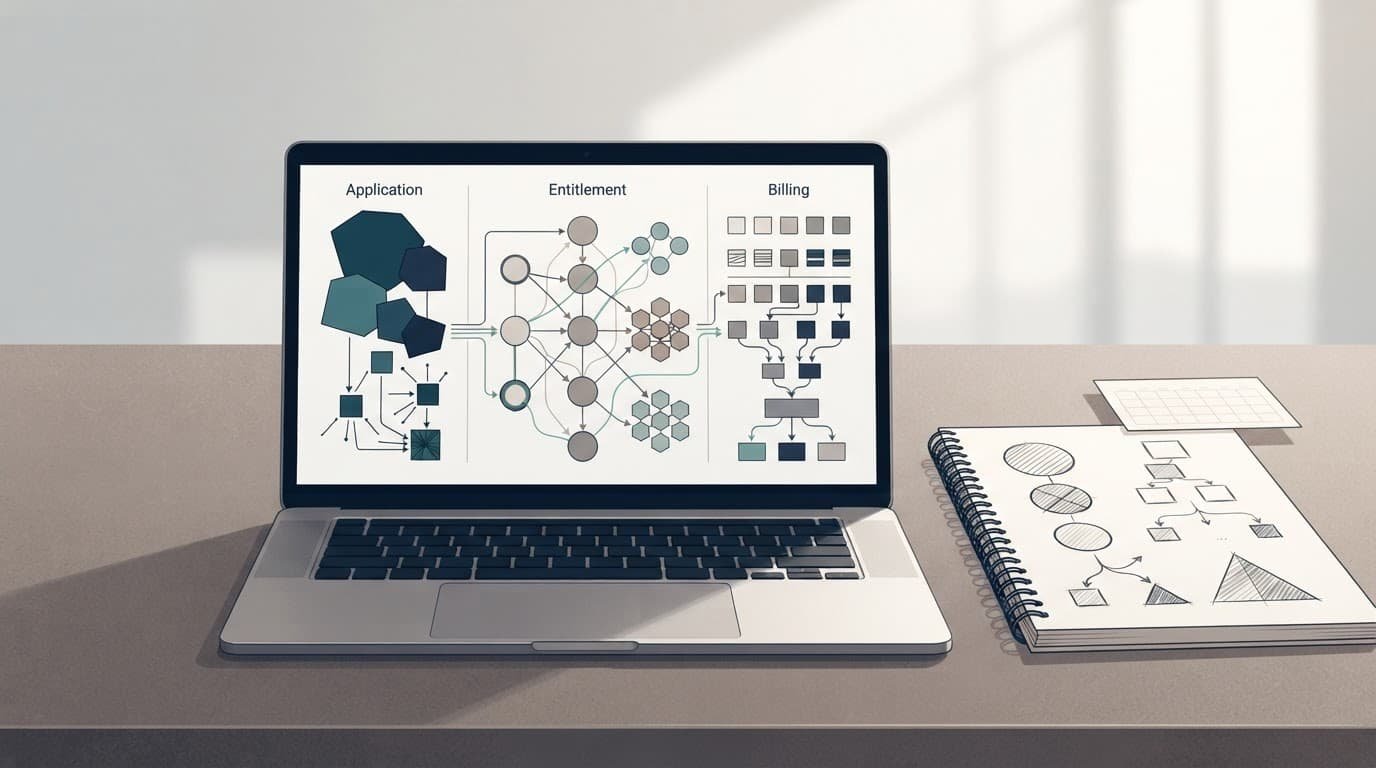 Laptop and notebook showing geometric planning diagrams on a modern office desk.