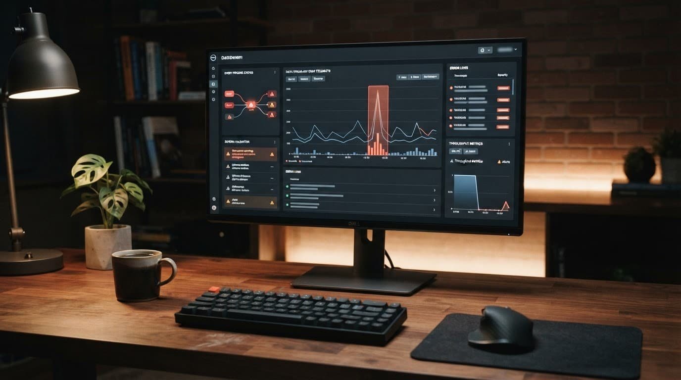 A monitor showing data stream warnings on a wooden desk.