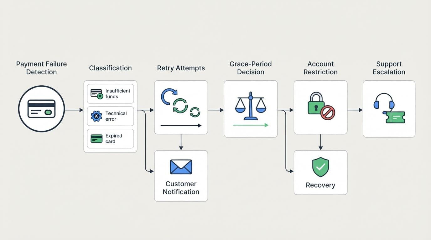 Abstract cards show a left-to-right payment recovery process.