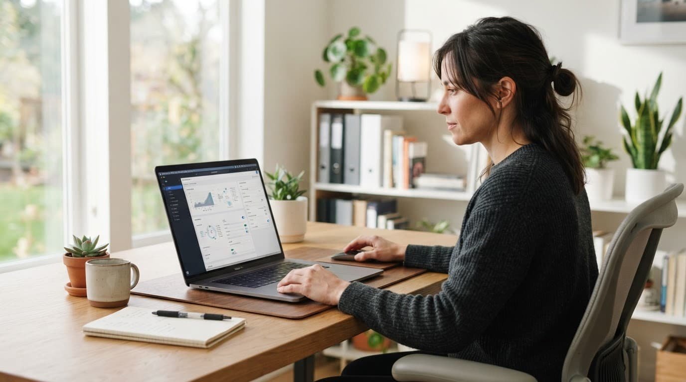 A person configures software settings on a laptop in a bright modern workspace.