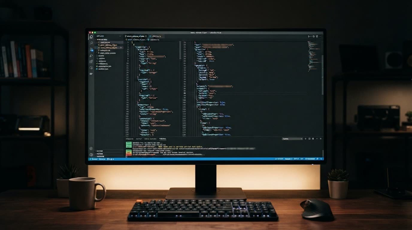 A dark code editor showing JSON validation on one monitor at a developer desk.