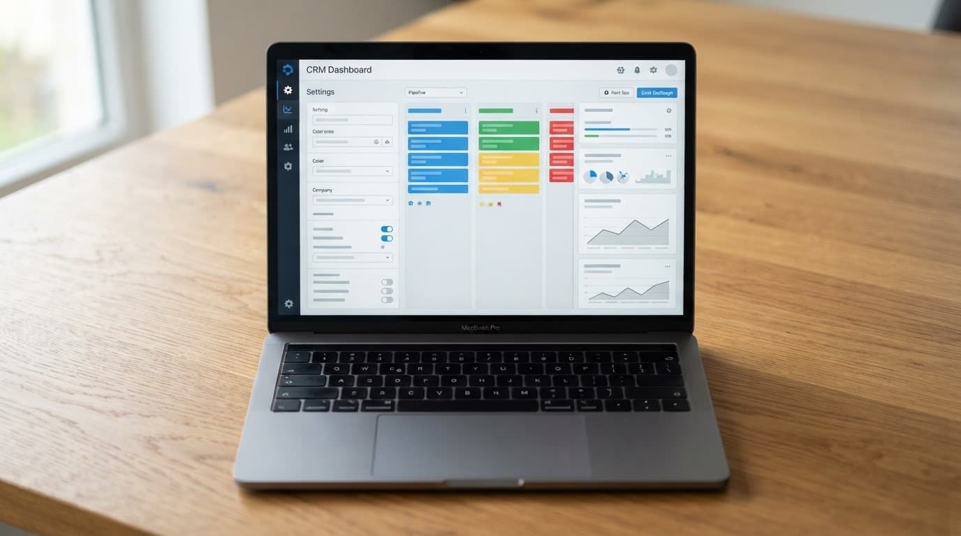 Laptop showing CRM deal stage settings on a wooden desk.