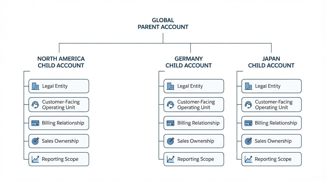 A parent account connects to North America, Germany, and Japan, with separate business relationship callouts.