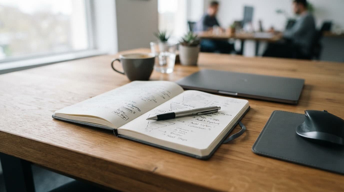 An open notebook and pen on a wooden table in a softly lit workspace.