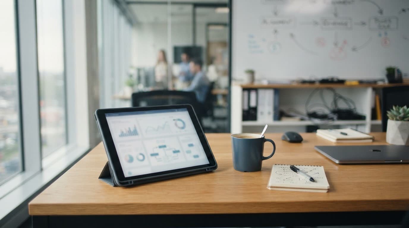 A modern desk with one tablet and a cup of coffee in soft daylight.