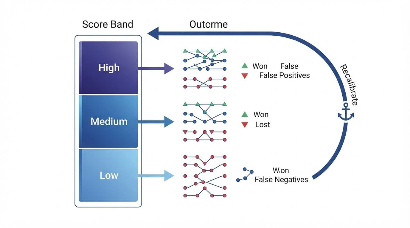 Dashboard linking score bands with won, lost, and recalibration results.