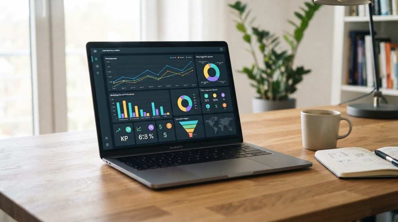 Laptop showing a marketing analytics dashboard on a wooden desk.
