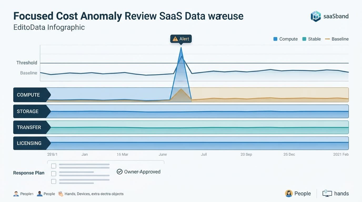 Dashboard showing a compute cost spike above a stable baseline with an alert and checklist.
