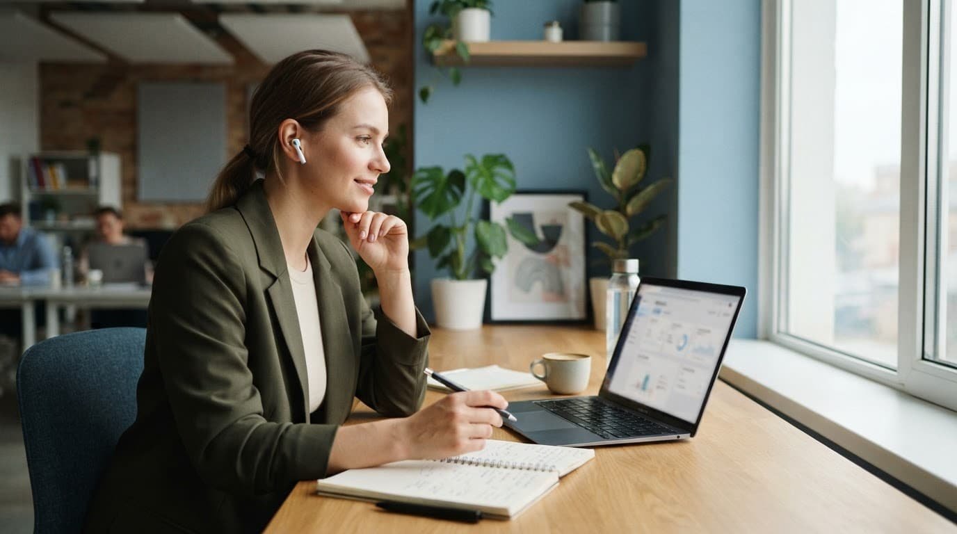 A sales representative works beside a laptop and notebook in a modern office.