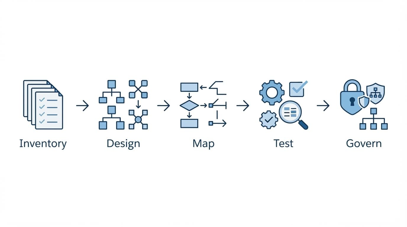 Five-stage flow diagram for migrating SaaS account relationships.