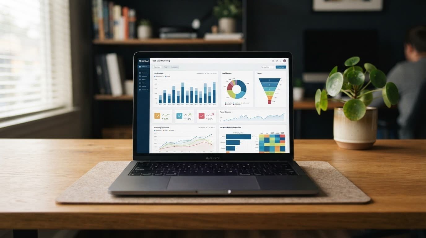 Laptop showing a clean SaaS analytics dashboard on a wooden desk.