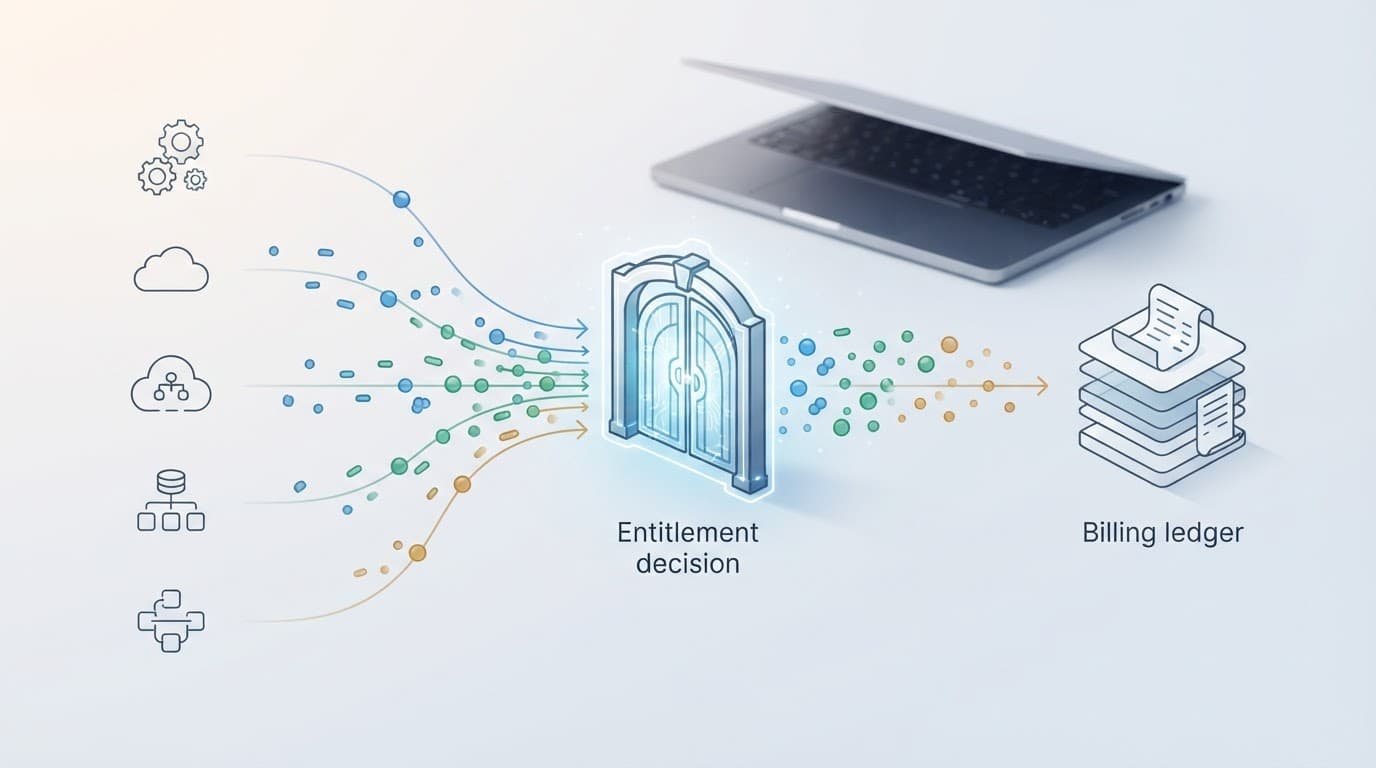 Data particles move from resource icons through a central policy gate toward a billing ledger.
