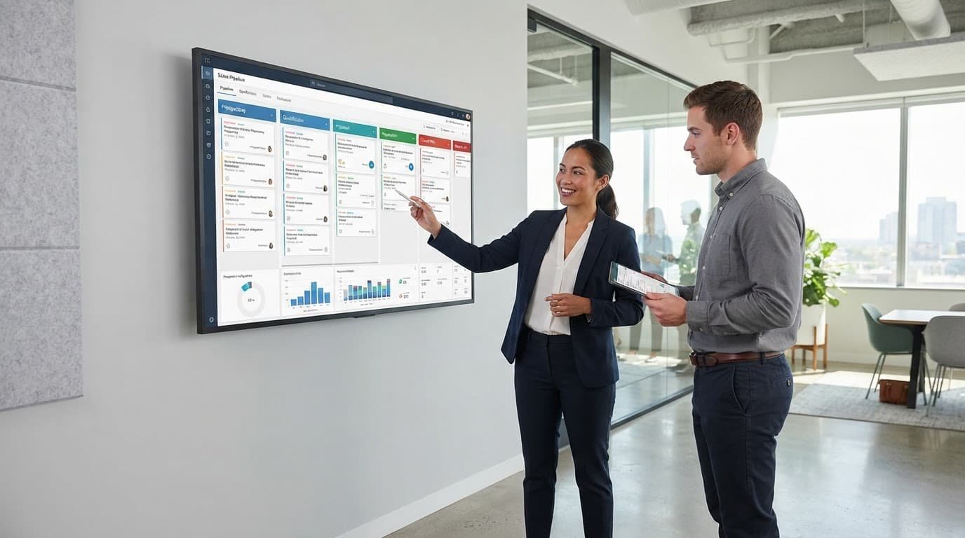 Two colleagues review a sales pipeline dashboard on a large monitor in a bright office.