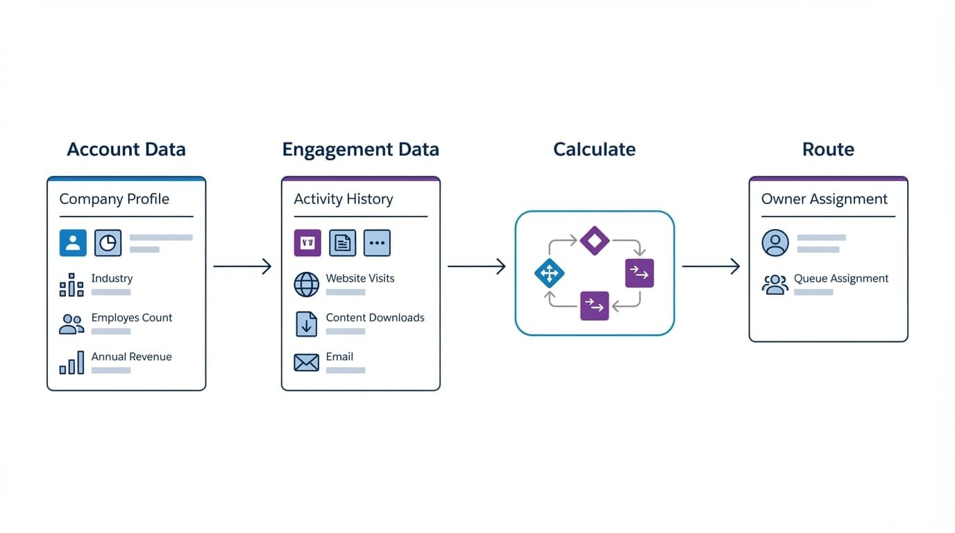 A four-stage diagram shows data collection, score calculation, and routing to an owner.