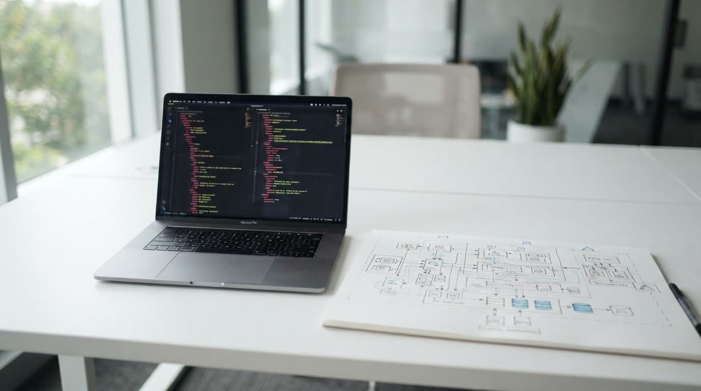 A schema diagram beside one laptop on a white desk in a bright office.