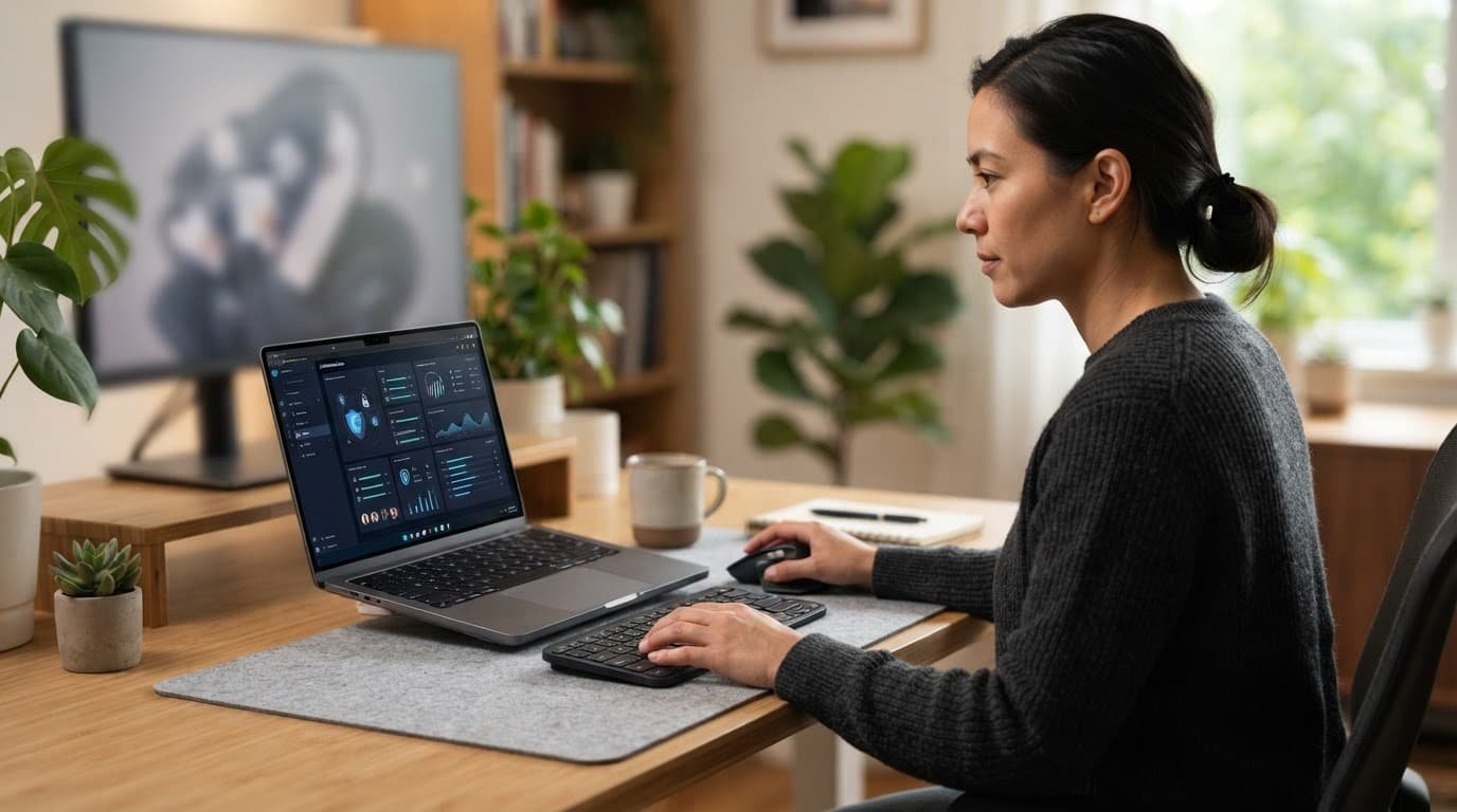 An administrator views a security dashboard on a laptop at a clean desk.