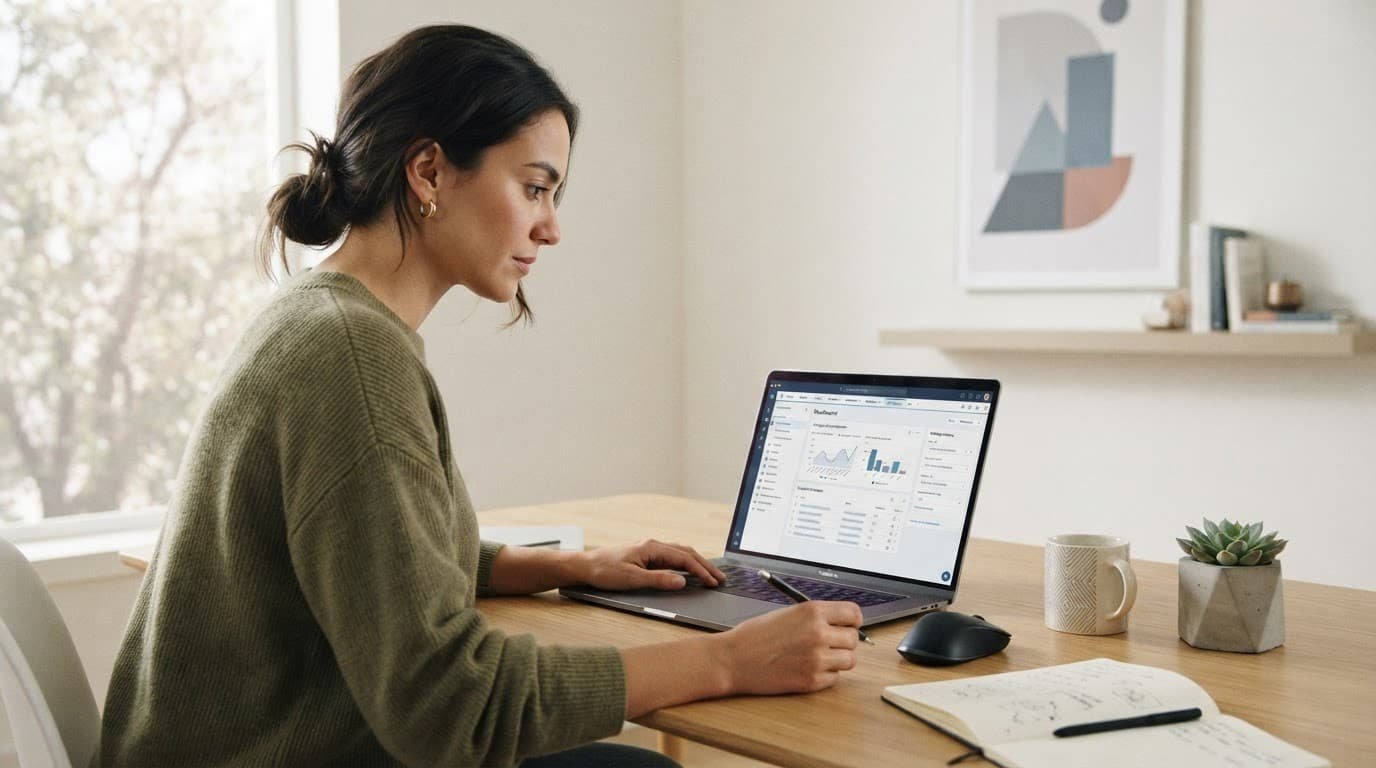 Professional using a laptop with a software settings screen in a bright modern office.