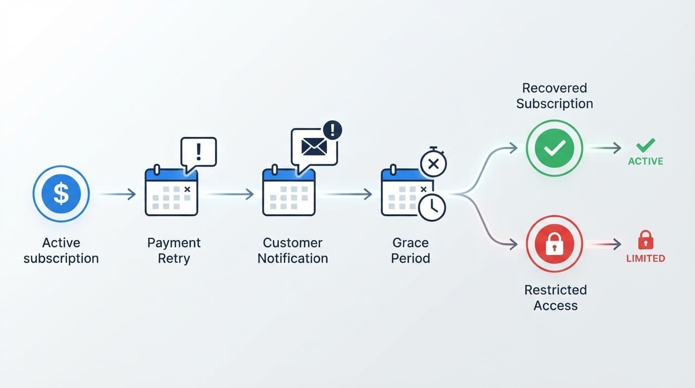 A billing path shows payment retry, alerts, recovery, and restricted access icons.