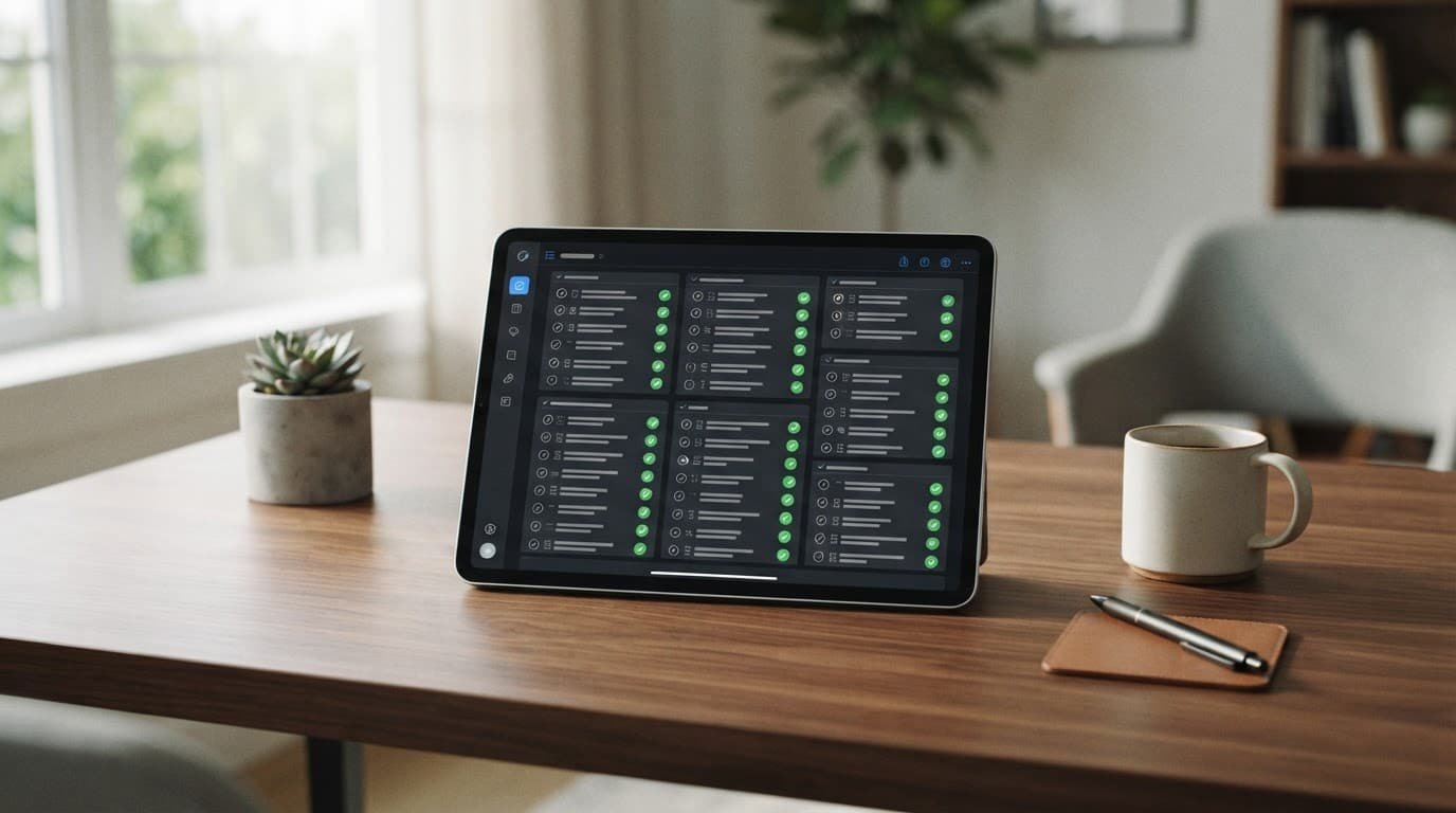 Tablet with task checkmarks on a wooden desk in natural daylight.