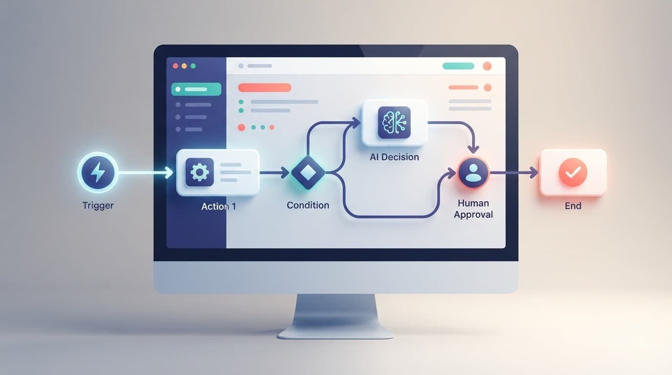 Monitor showing a colorful branching workflow with an approval step.