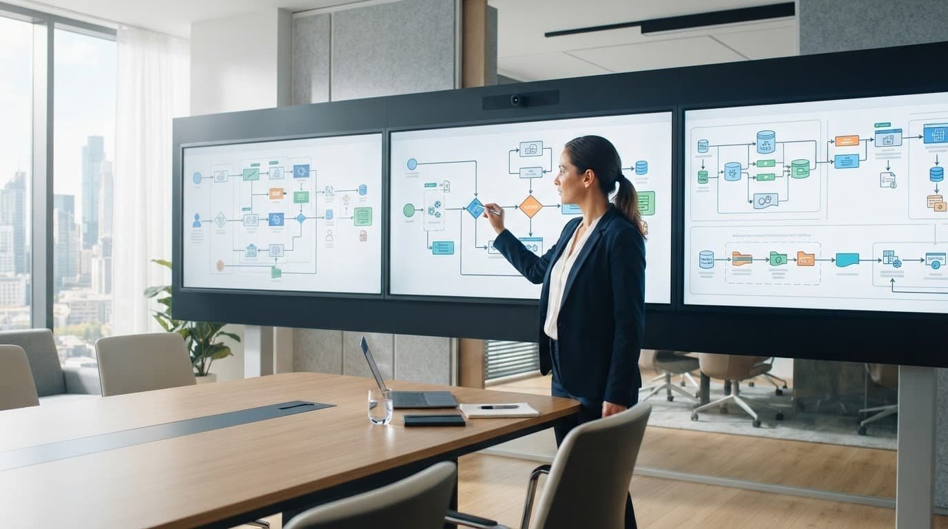A professional reviews workflow diagrams on digital displays in a bright conference room.
