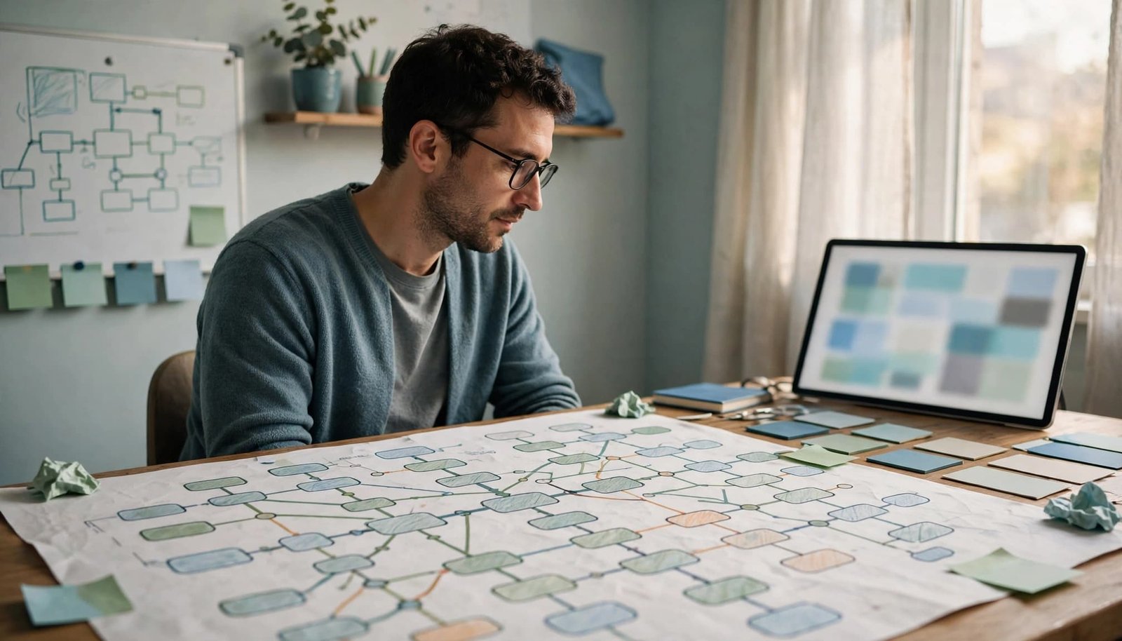 An administrator reviews a colorful branching workflow map beside a tablet.