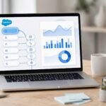 A laptop shows a prospect follow-up sequence beside simple charts.