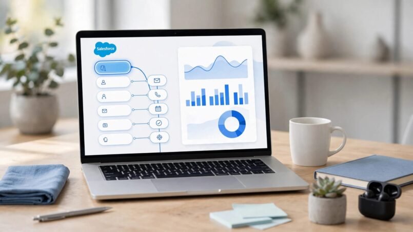 A laptop shows a prospect follow-up sequence beside simple charts.