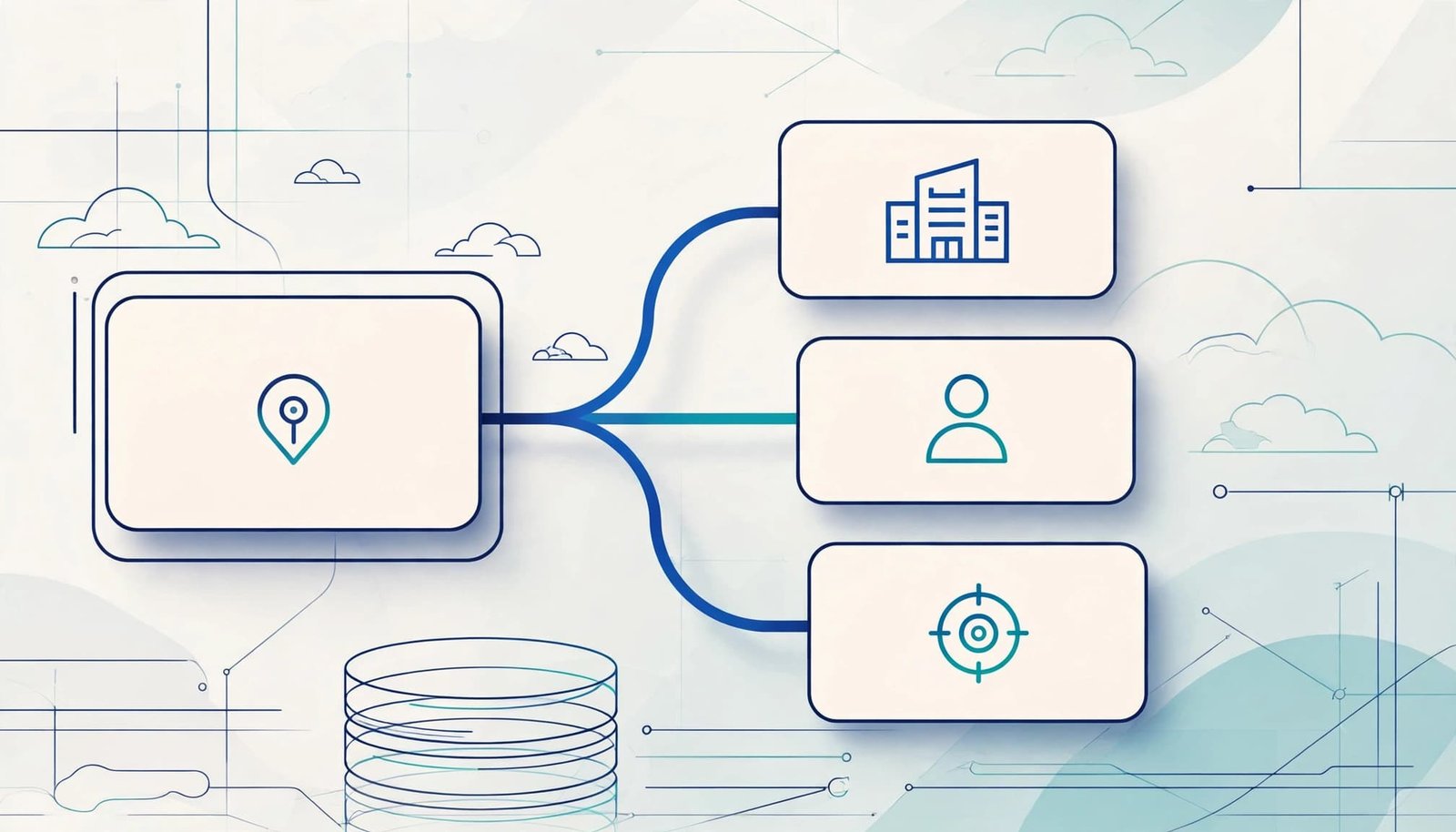 A lead card connects to account, contact, and opportunity cards in a clean CRM flow.