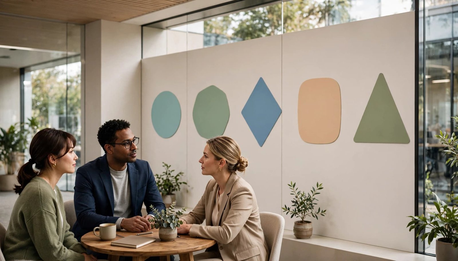 Three coworkers review abstract customer journey markers in a bright office nook.