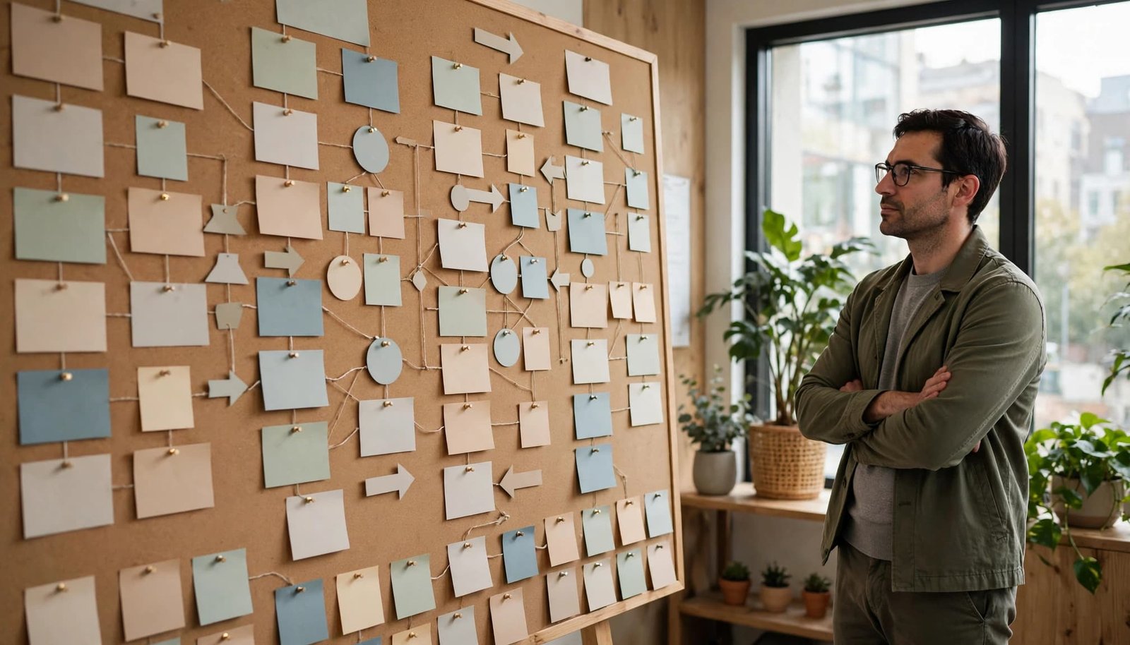 A specialist reviews a paper workflow board in a bright office.