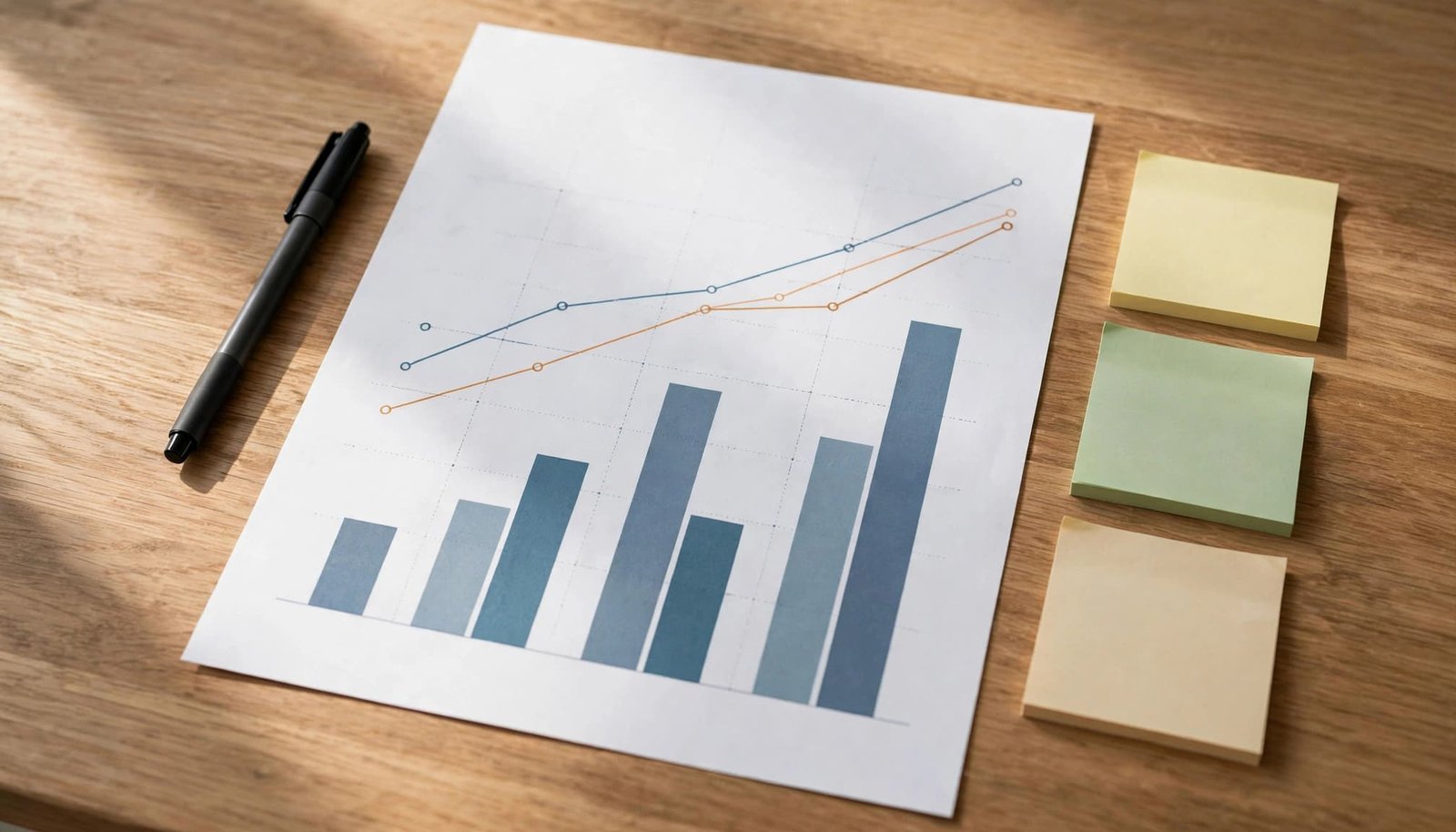 A printed chart with abstract bars, a pen, and sticky notes on a wooden table.