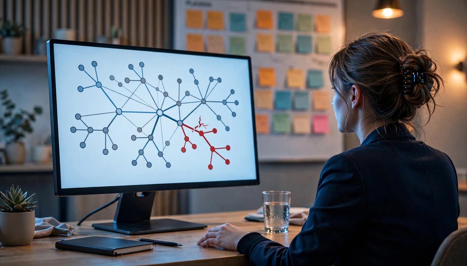 An administrator reviews a flow diagram with one red fault branch on a monitor.